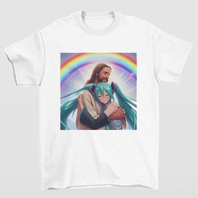 Jesus Hugging Hatsune Miku T Shirt Fun and Quirky Design for Anime and Faith Enthusiasts Hoodie, Sweatshirt | GrindPrints.com