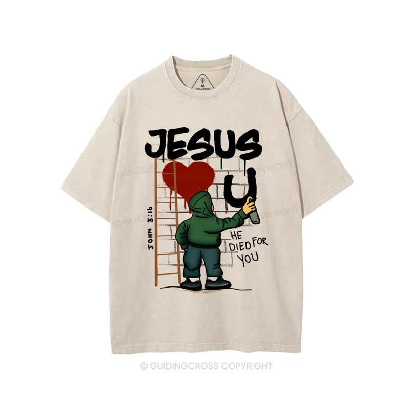 Jesus Loves You Christian T-Shirt Pure Cotton Fabric Casual Streetstyle Crew Neck Short Sleeve Soft-Washed T-Shirt Trendy...