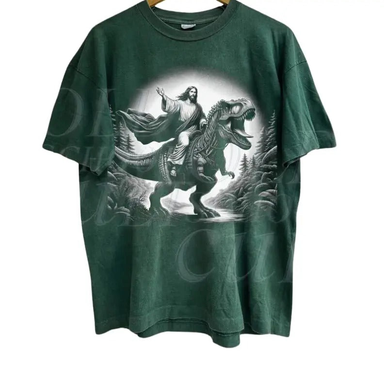 Jesus Riding A Dinosaur Vintage 90s Graphic Shirt, Jesus Hand Drawn Shirt, Christian Easter Tee, T Rex Jesus Shirt, Retro...