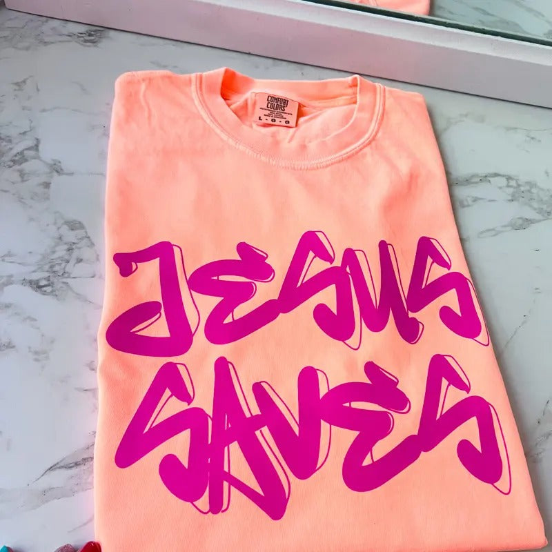 Jesus Saves Front and Back Print Comfy Colors Long or Short Sleeve Graphic Tee Unisex Screen Printed T-Shirt Womenswear...