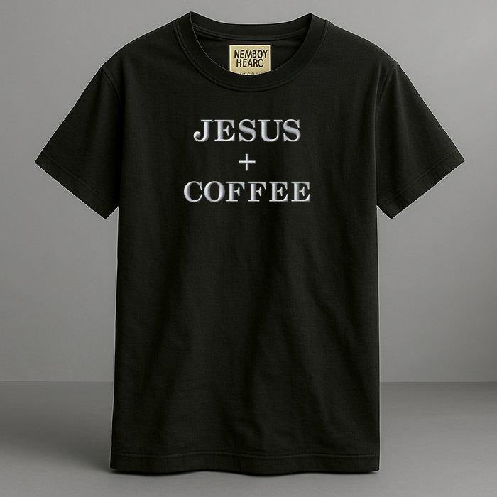 Jesus + Coffee Plus Christian Faith Love of God and Caffeine Embroidered Comfort Colors T-Shirt Relaxed Fit 100%...