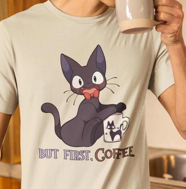 Jiji the Cat 'But First, Coffee.' Unisex Jersey Short Sleeve Tee | Kiki's Delivery Service Inspired T Shirt Hoodie,...