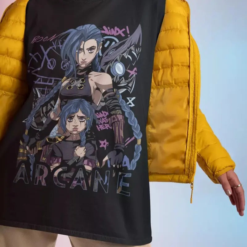Jinx Arcane T-Shirt Japanese Anime Cartoon Jinx Arcane Graphic Shirt All Size Hoodie, Sweatshirt | GrindPrints.com