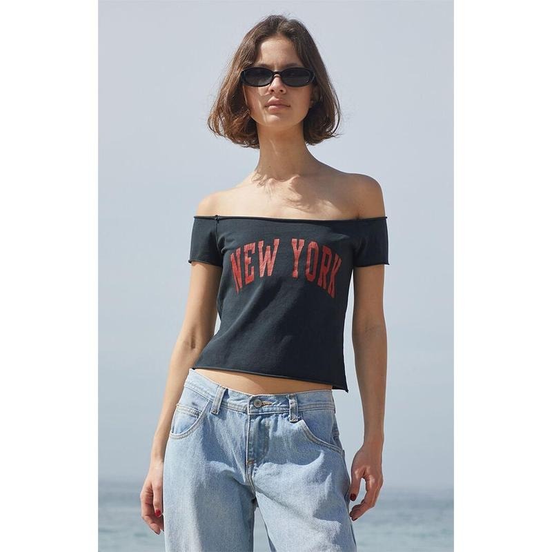 John Galt Women's Black Bonnie New York Off-The-Shoulder Top T-Shirts, Hoodie, Sweatshirt | GrindPrints.com