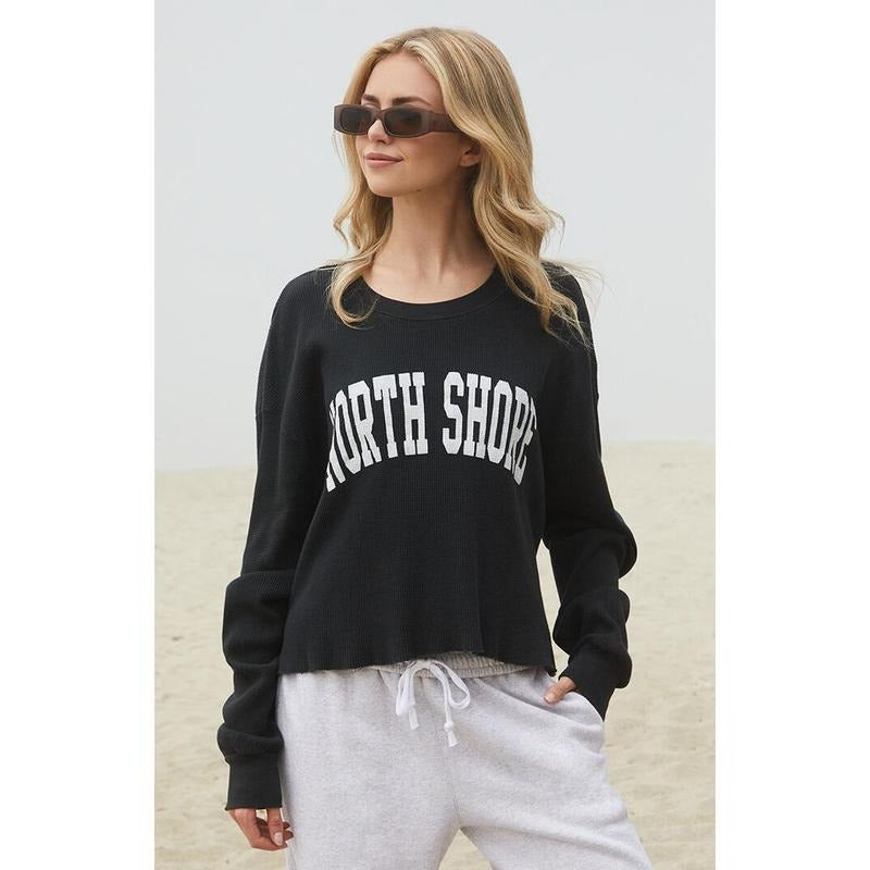 John Galt Women's Black North Shore Waffle Knit Crew Neck Sweatshirt T-Shirts, Hoodie | GrindPrints.com