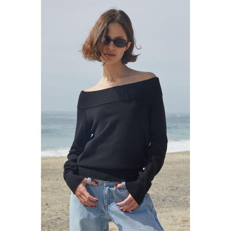 John Galt Women's Black Renata Off-The-Shoulder Sweater T-Shirts, Hoodie, Sweatshirt | GrindPrints.com