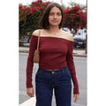 John Galt Women's Burgundy Mayson Off-The-Shoulder Top T-Shirts, Hoodie, Sweatshirt | GrindPrints.com