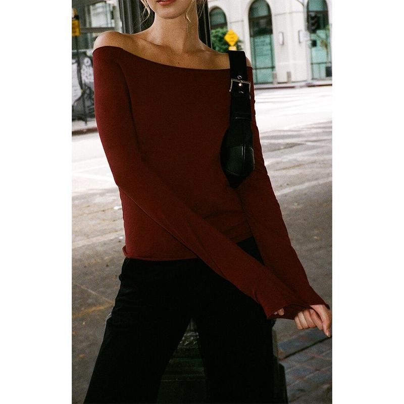 John Galt Women's Burgundy Off-The-Shoulder Top T-Shirts, Hoodie, Sweatshirt | GrindPrints.com