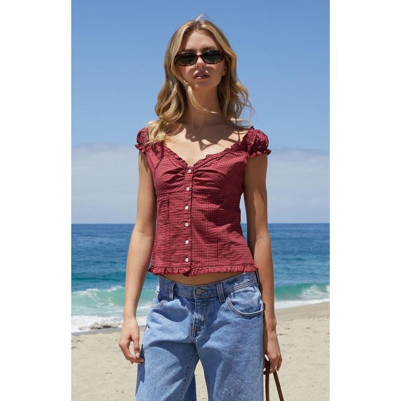 John Galt Women's Burgundy Plaid Elena Top T-Shirts, Hoodie, Sweatshirt | GrindPrints.com