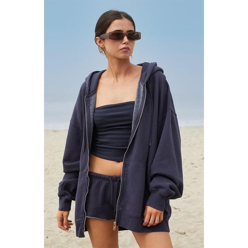 John Galt Women's Dark Blue Christy Full Zip Oversized Hoodie T-Shirts, Sweatshirt | GrindPrints.com