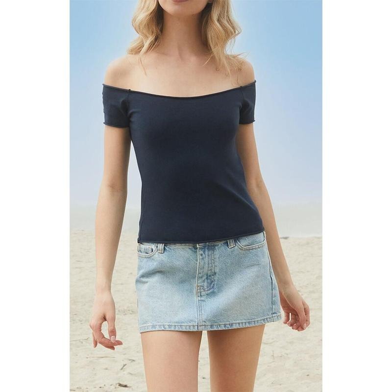 John Galt Women's Navy Bonnie Off-The-Shoulder Top T-Shirts, Hoodie, Sweatshirt | GrindPrints.com