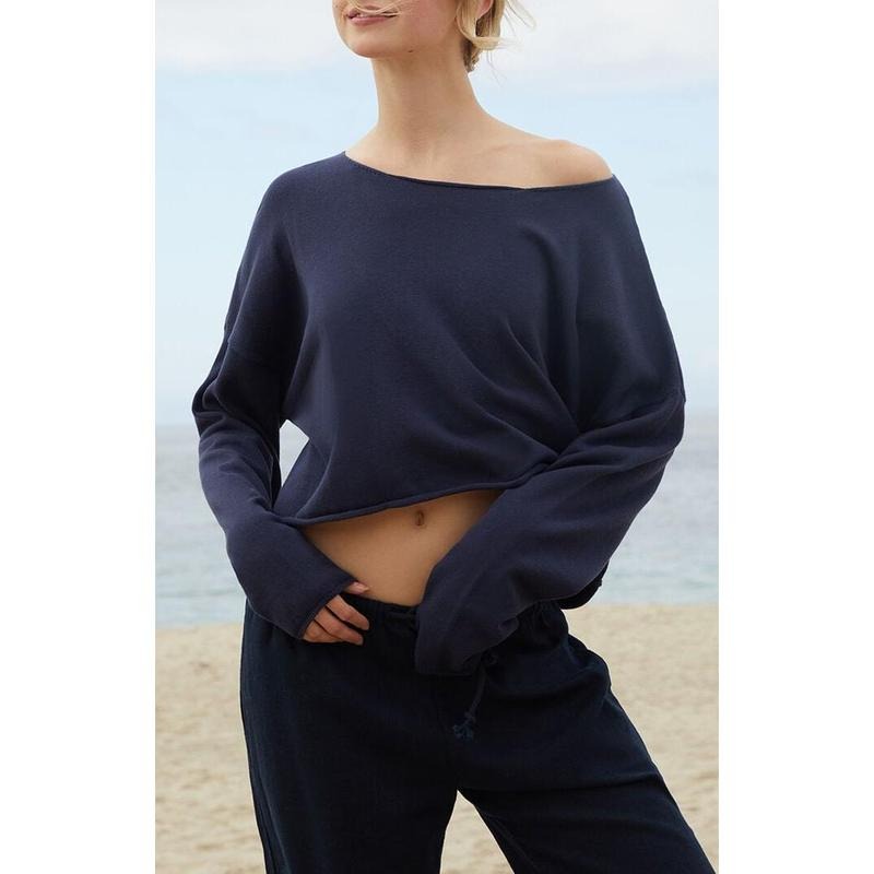 John Galt Women's Navy Cameron Cropped Sweater T-Shirts, Hoodie, Sweatshirt | GrindPrints.com