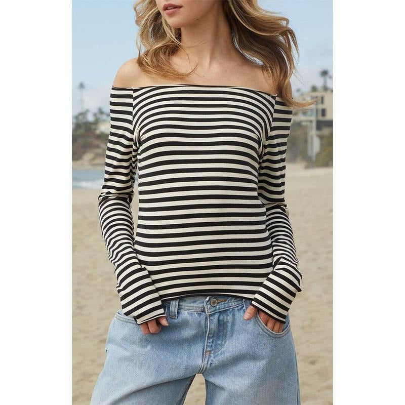 John Galt Women's Striped Bonnie Long Sleeve Off-The-Shoulder Top T-Shirts, Hoodie, Sweatshirt | GrindPrints.com