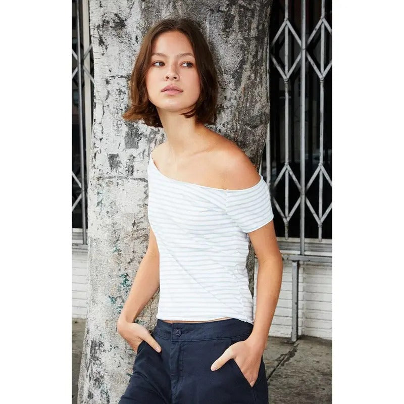 John Galt Women's Striped Bonnie Off-The-Shoulder Top T-Shirts, Hoodie, Sweatshirt | GrindPrints.com