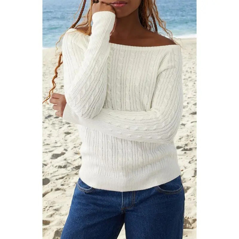 John Galt Women's White Elissa Cable Knit Sweater T-Shirts, Hoodie, Sweatshirt | GrindPrints.com