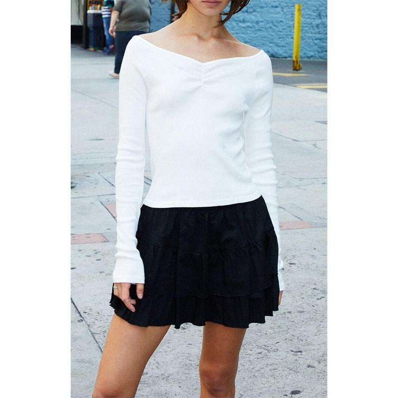 John Galt Women's White Off-The-Shoulder Cinched Long Sleeve Top T-Shirts, Hoodie, Sweatshirt | GrindPrints.com