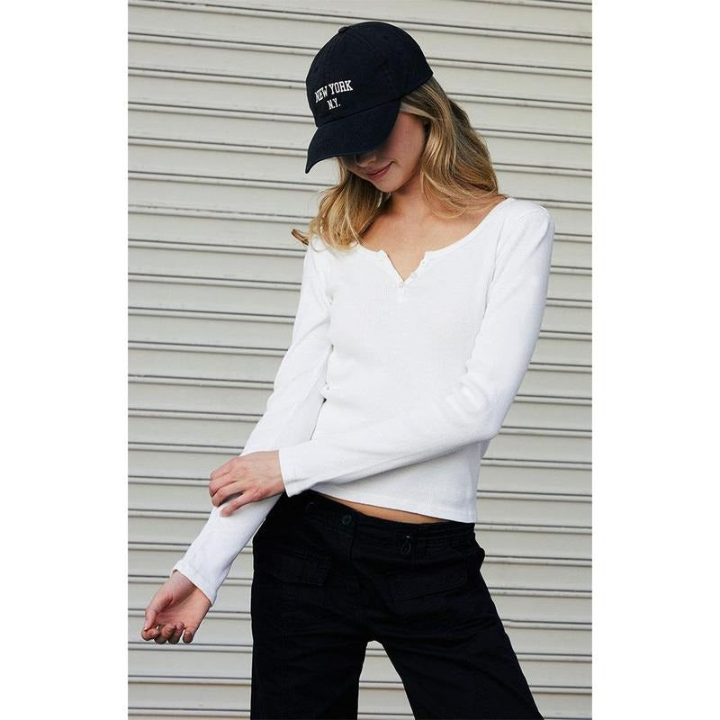 John Galt Women's White Zelly Henley Long Sleeve Top T-Shirts, Hoodie, Sweatshirt | GrindPrints.com
