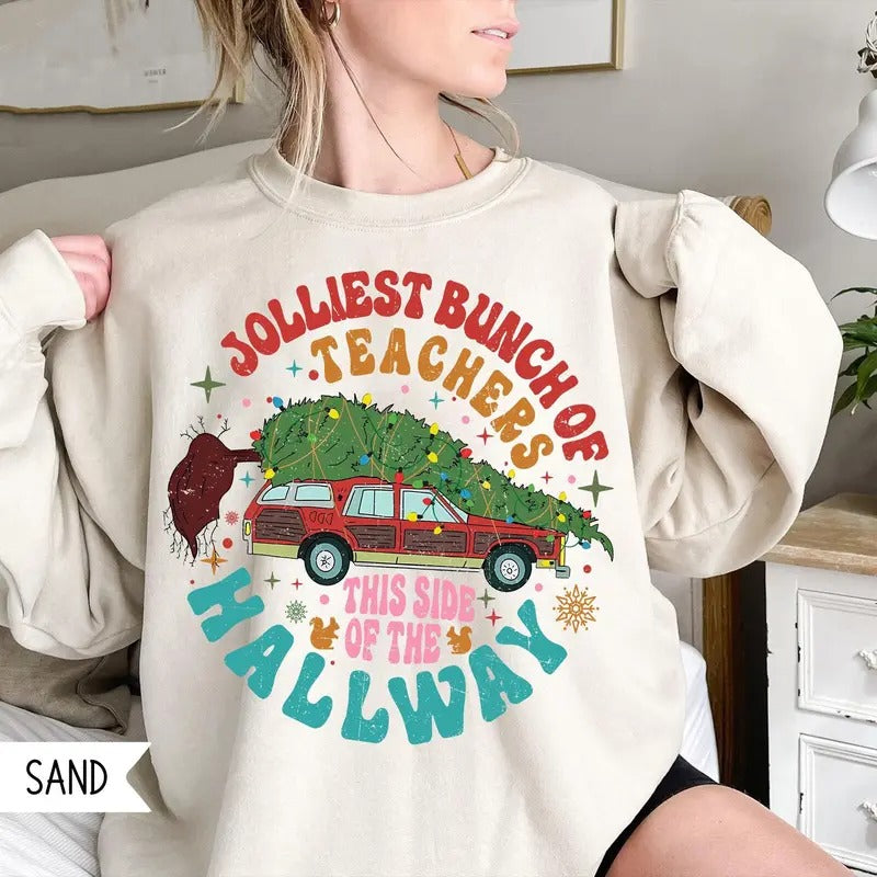 Jolliest Bunch Of Teachers This Side Of The Hallway Tshirt Sweatshirt, Purple Van Shirt, Teacher Christmas Shirt, Unisex...