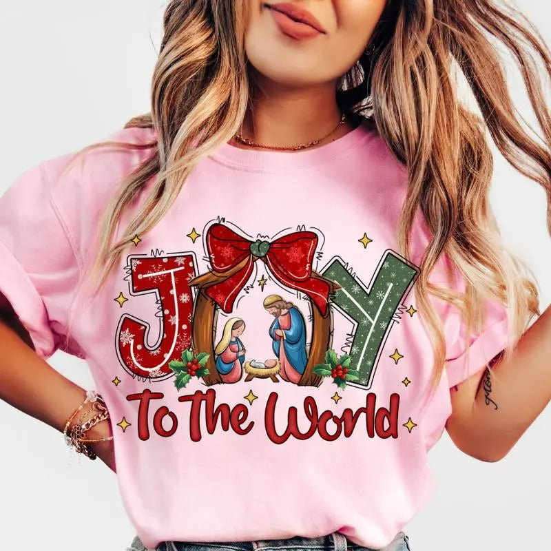 Joy To The World christmas shirt Women's Oversized Christmas Shirt - Festive Printed Design