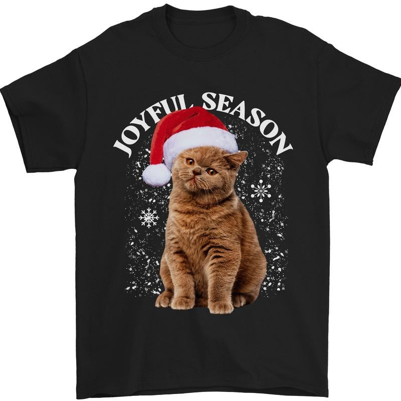 Joyful Season Christmas Funny Cat Xmas Mens T-Shirt 100% Cotton Made in USA Hoodie, Sweatshirt | GrindPrints.com