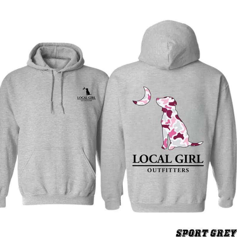 Judy Local Girl Outfitters Bold Pink Camo Dog Moon Outdoor Showcasing Southern Pride Love Outdoors Womenswear TTP T-Shirts, Hoodie, Sweatshirt