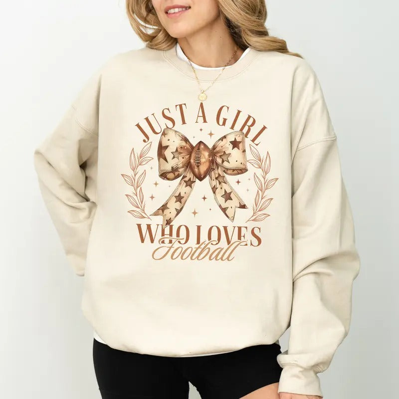 Just A Girl Who Loves Football Sweatshirt, Girly Coquette Bow Crewneck, Cute Football Crewneck for Girls, Fall Sports...