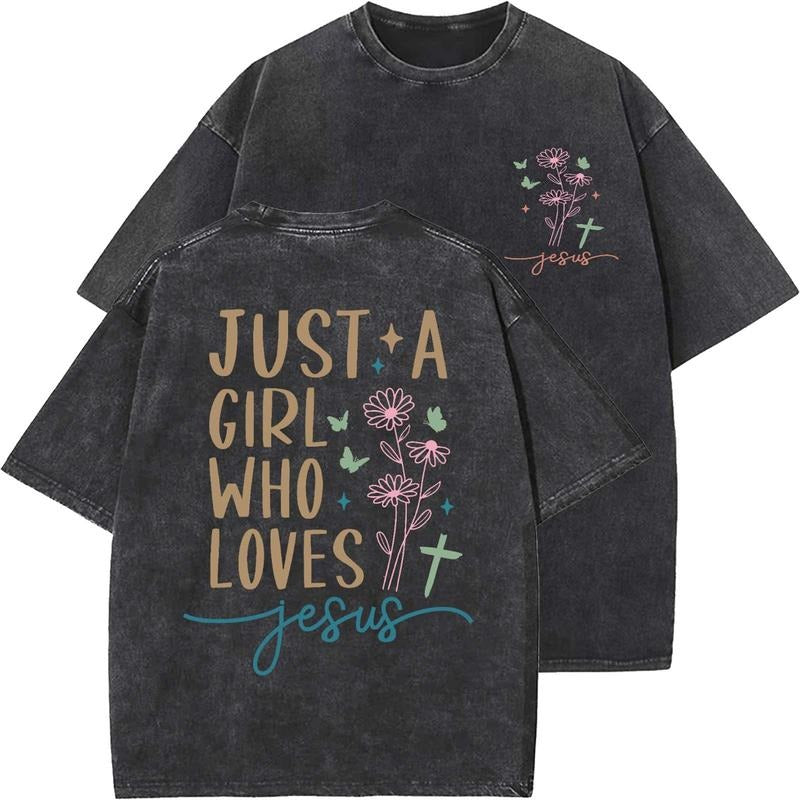 Just A Girl Who Loves Jesus Unisex Washed T-Shirt, Christian t shirts, Vintage 90s Graphic Tee, Gift Top Womenswear...