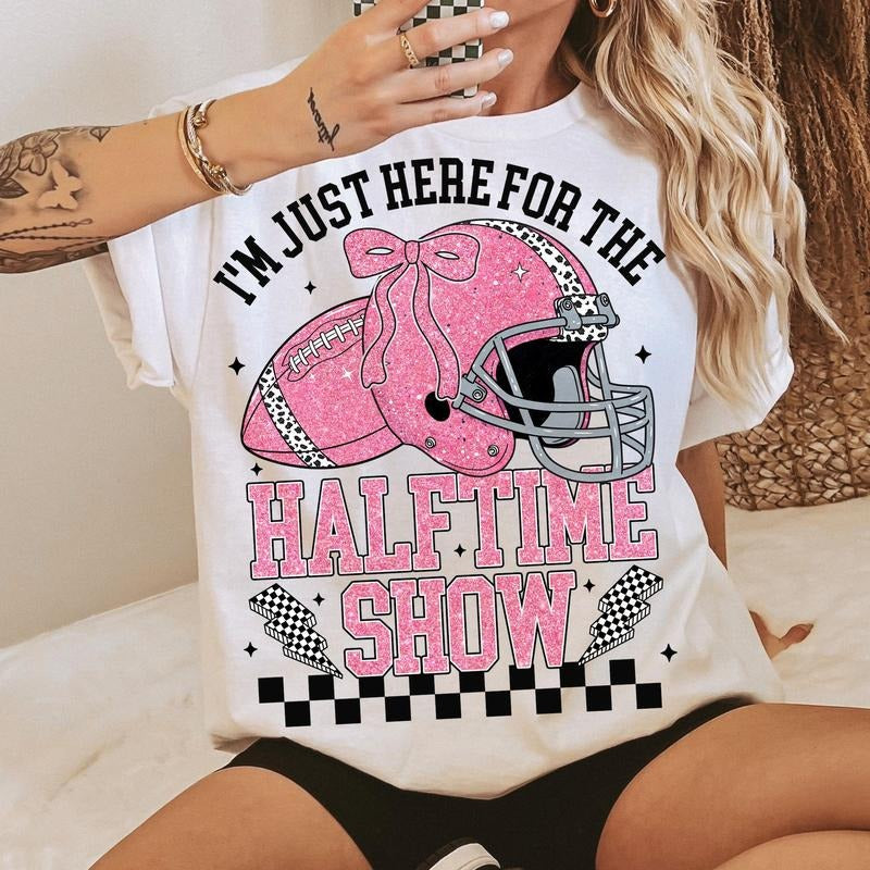 Just Here for the Halftime Show T-Shirt, Retro Checkered Football T-Shirt, Funny Football Game Day Coquette Bow Shirt,...