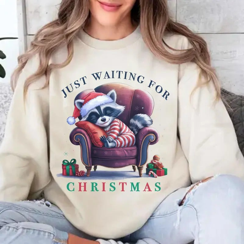 Just Waiting For Christmas Feral Racoon Unisex Crewneck Sweatshirt, Feral Christmas Sleepy Girl Gift T-Shirts, Hoodie