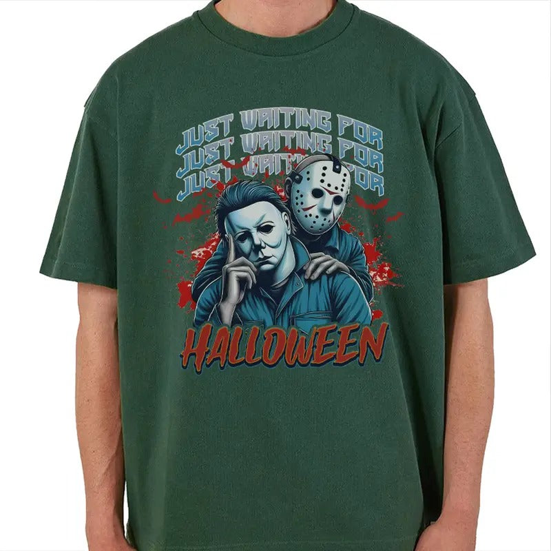 Just Waiting For Halloween Shirt, Retro Horror Characters Halloween T-shirt, Gifts for Halloween, Spooky Season Shirt,...