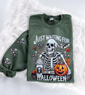 Just Waiting for Halloween Skeleton Graphic Sweatshirt Unisex  Womenswear Crewneck Casual Tshirt Top with Sleeve Print Hoodie