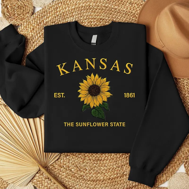 Kansas Sunflower Embroidered State Flower Sweatshirt, Hometown Embroidered Shirt, Favorite Flower Embroidered Shirt Hoodie