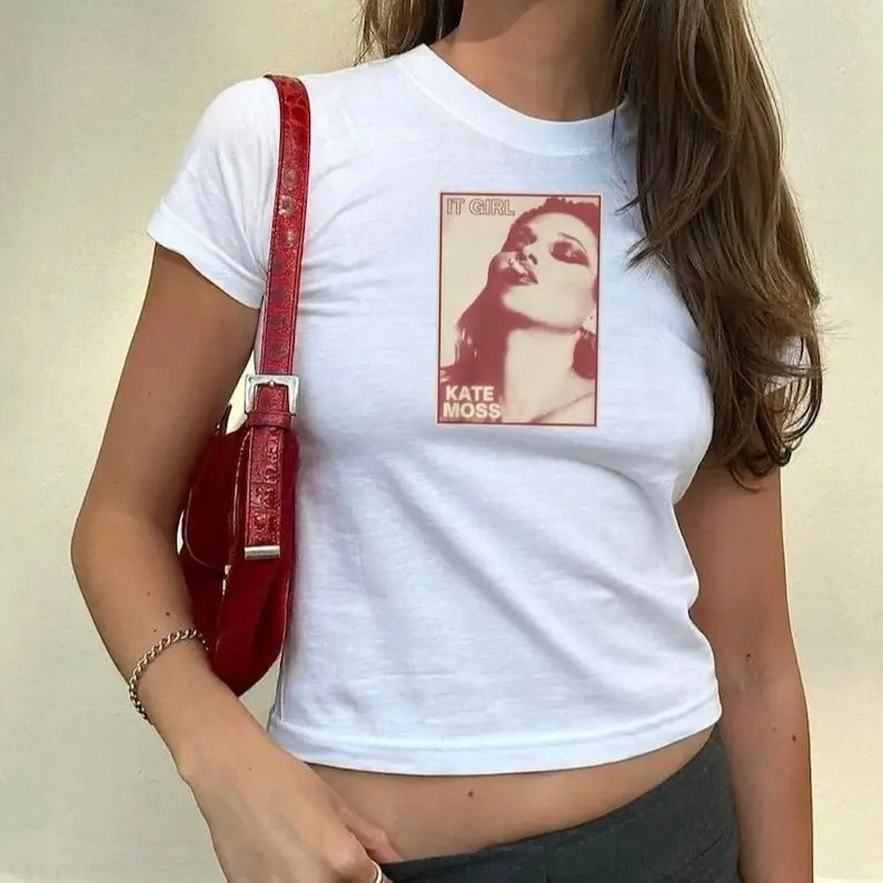 Kate Moss Baby Tee, 90s Grunge Baby Tee, Vintage Style Tee Cotton Fashion Hoodie, Sweatshirt | GrindPrints.com