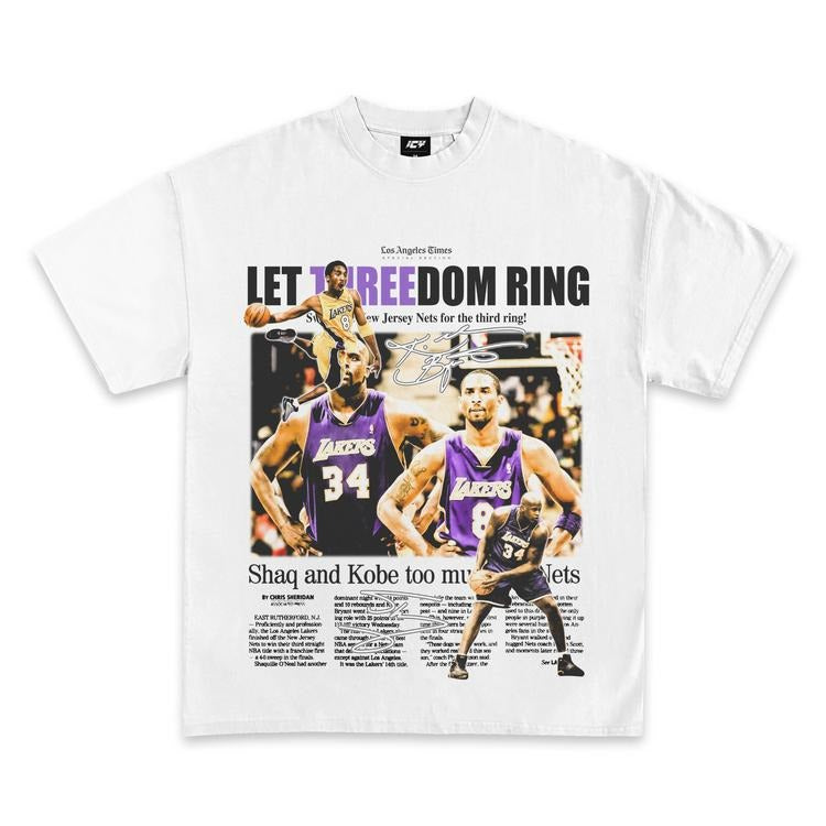 Kobe and Shaq Threedom Rings Newspaper Graphic T-Shirt Hoodie, Sweatshirt | GrindPrints.com