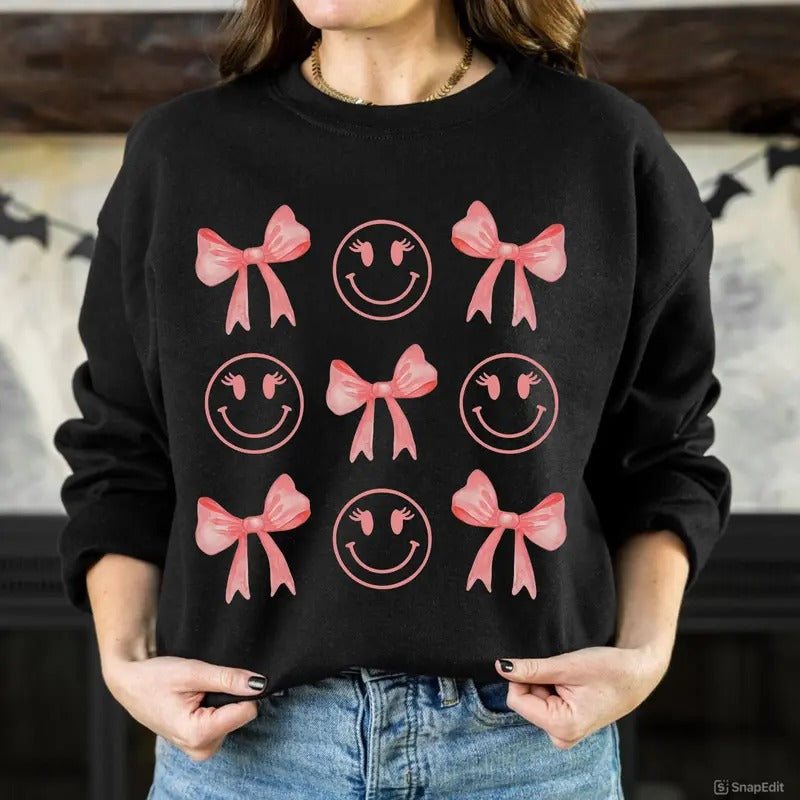 Kylie Pittts Coquette Pink Bow Aesthetic Sweathirt, Smiley Face Tee, Cotton Round Neck Tee, Unisex Tshirt for Men and...