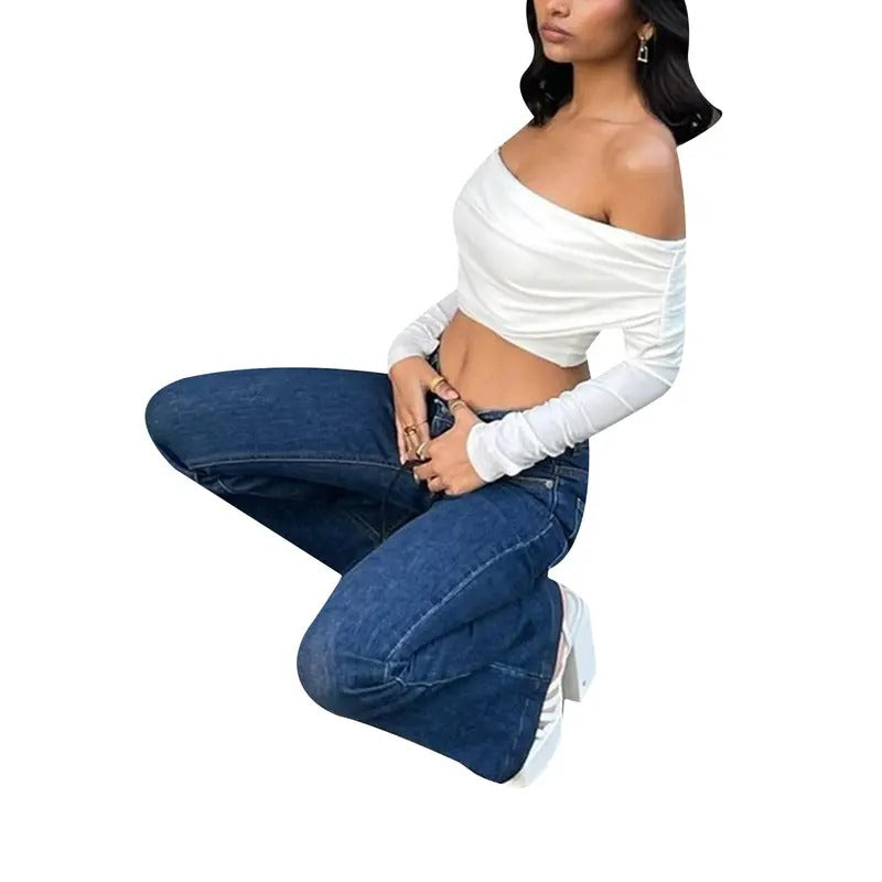 Female Crops Tops, Solid Color Boat Neck Long Sleeve Pullover Blouse for Spring Fall, White, S/M/L Breathable Polyester...