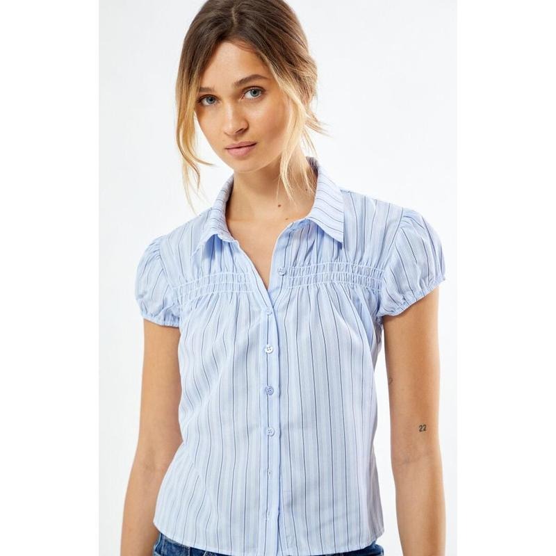 LA Hearts Women's Pinstripe Button Down Short Sleeve Shirt Hoodie, Sweatshirt | GrindPrints.com