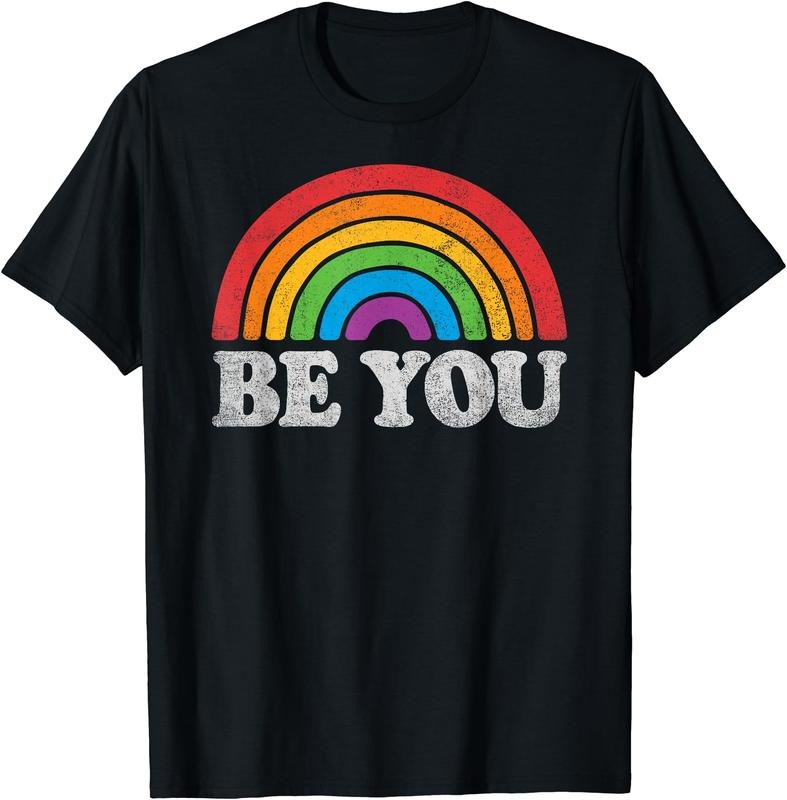 LGBTQ Be You Gay Pride LGBT Ally Rainbow Flag Retro Vintage T-Shirt | Unisex Cotton Tee Gift, Crewneck, Short Sleeve...