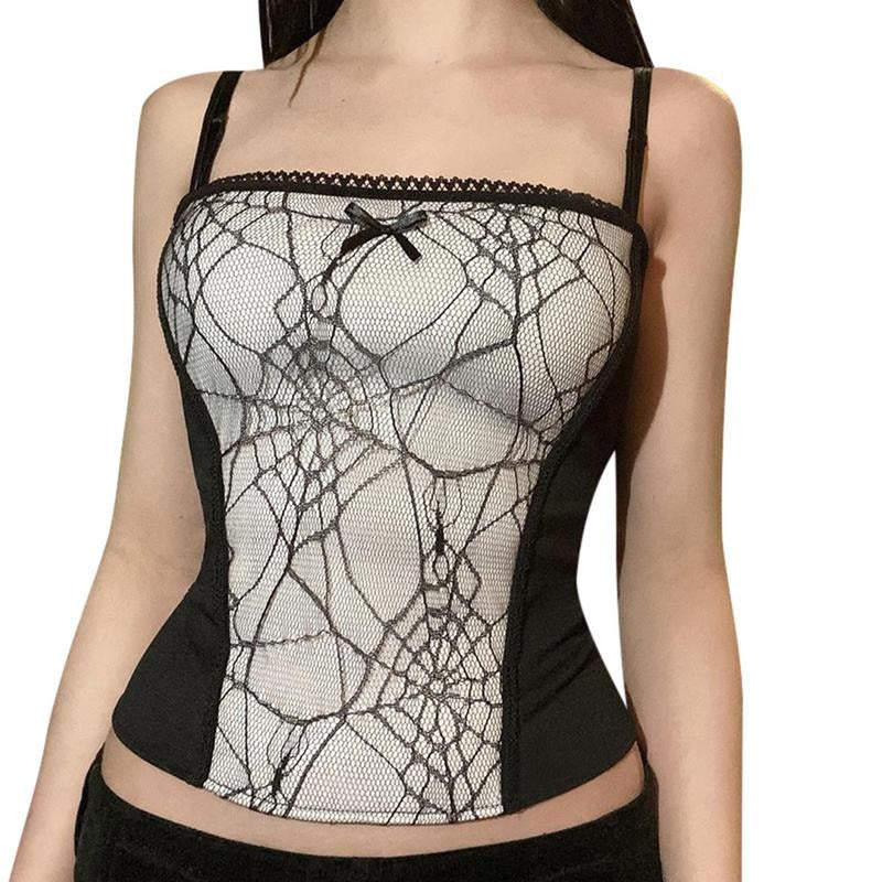 Ladies Summer Sexy Backless Camisole, Girls Creative Spider Web Lace Edge Back Zipper Sleeveless Tops Slim Base Shirt...