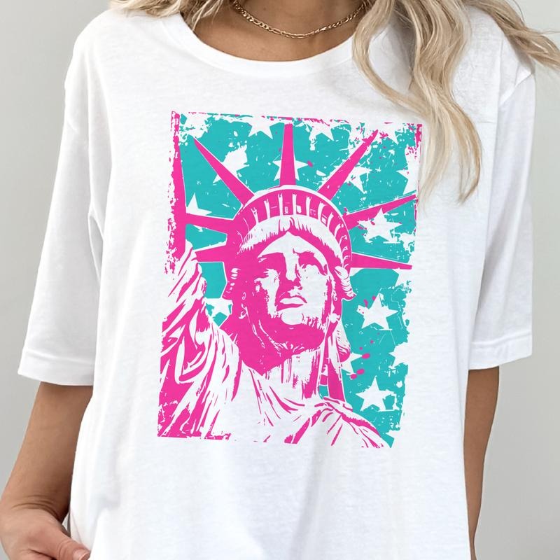 Lady Liberty Tee Usa Colorful Liberty Tshirt Pink Lady Liberty Top Girly Statue of Liberty T-Shirt Pink Girly USA Tee...