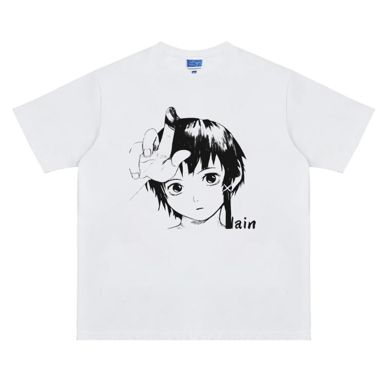 Lain "Minimalist Lain Portrait" Vintage Oversized Tee Anime T-shirt 100% Cotton Original Design Men's Top Streetwear...