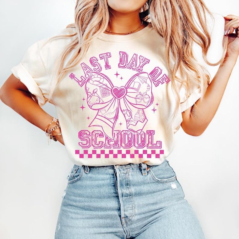 Last Day School Preppy Teacher Shirt Coquette Teacher Summer Retro Teacher Appreciation Shirt Teacher Pencil T-Shirts, Hoodie, Sweatshirt