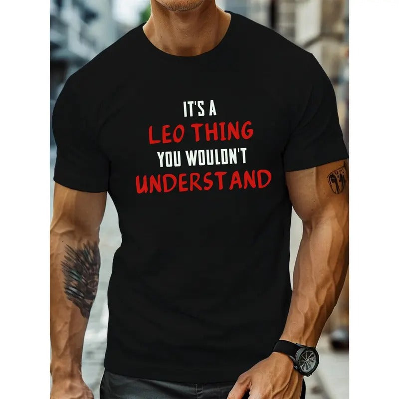 Leo Thing Print, Men's Round Crew Neck Short Sleeve Tee, Casual T-Shirt Casual Comfy Lightweight Top For Summer Made in...