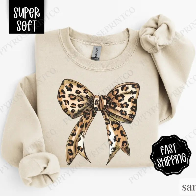 Leopard Bow Sweatshirt, Coquette Leopard Crewneck,  Women's Sweater T-Shirts, Hoodie | GrindPrints.com