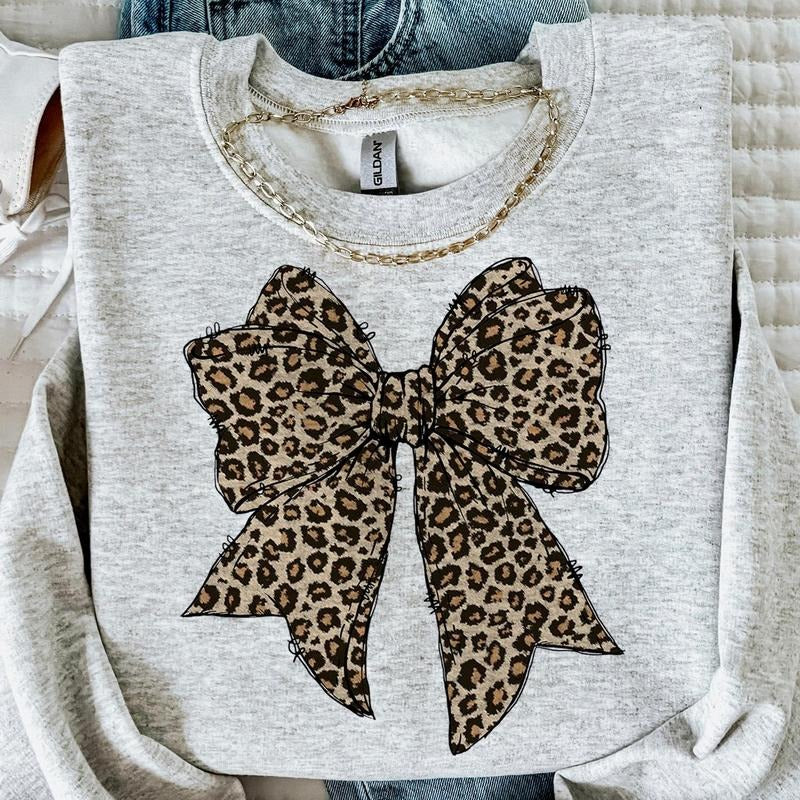 Leopard Coquette Bow Crewneck Shirt, Girly Bow Trending, Cheetah Bow Girl Hoodie, Sweatshirt | GrindPrints.com