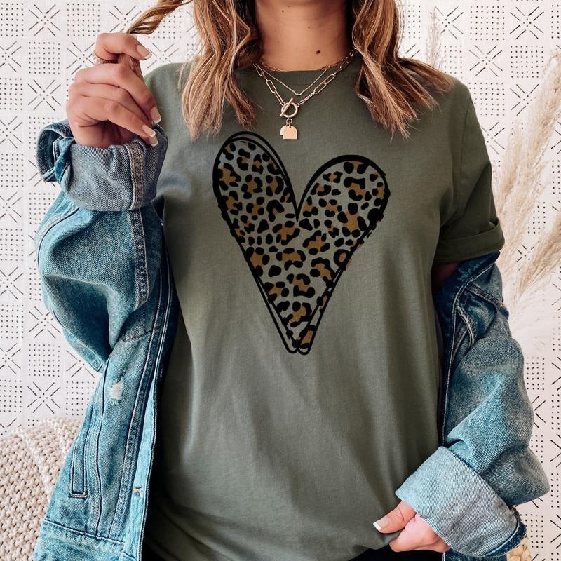 Leopard Heart T-Shirt Pink Leopard Heart Tee Red Womens Tshirt St. Patricks Tshirt Valentines Heart T-Shirt Comfort...