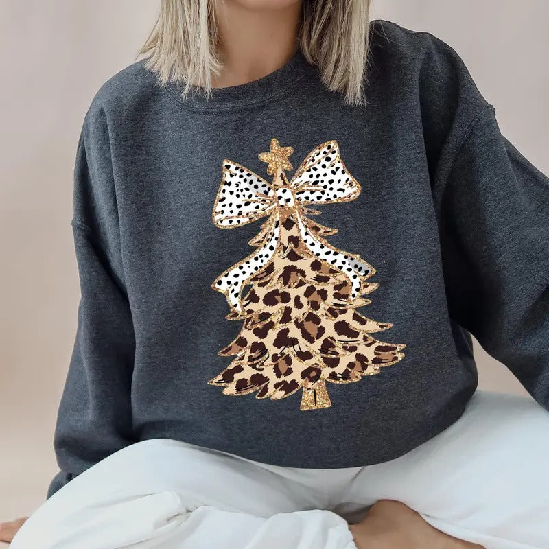 Leopard Print Tree Dalmatian Bow Santa Cute Girly Crew Neck T-Shirts, Hoodie, Sweatshirt