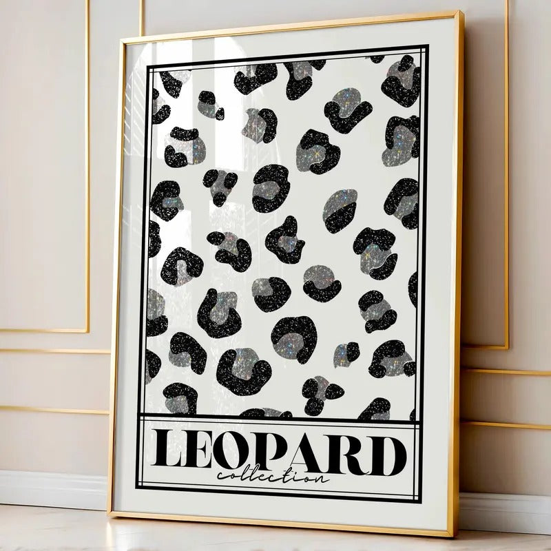 Leopard Print Poster with Glitter Details - Black & White Trendy Animal Wall Art - Chic Sophisticated Home Decor -...