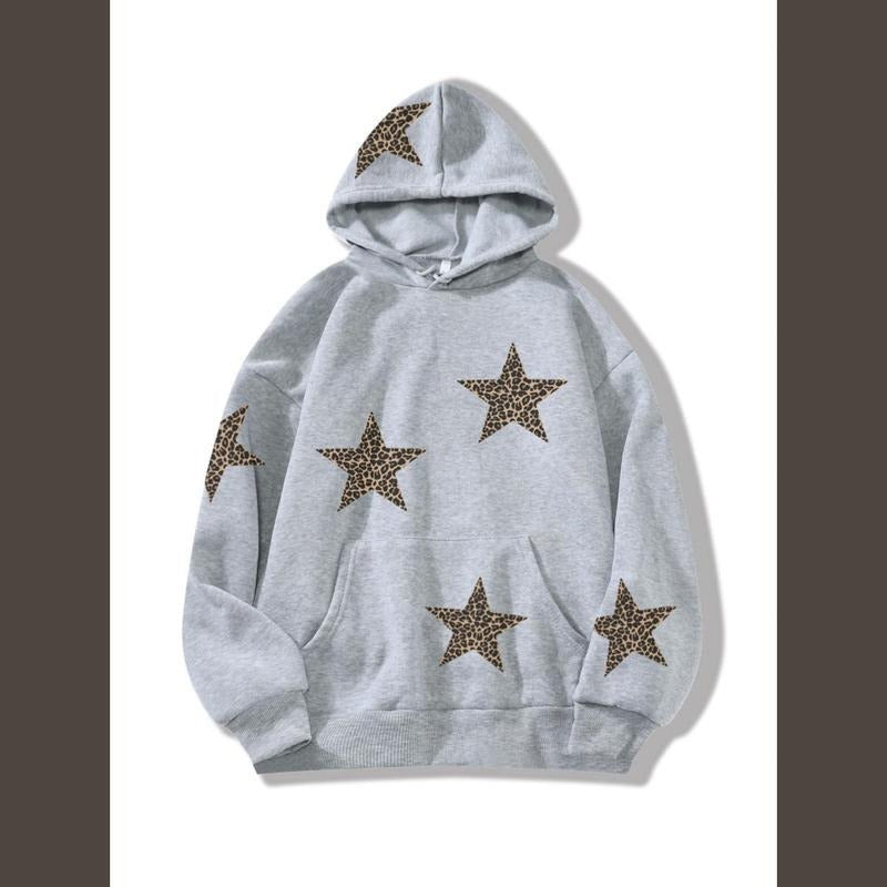 Leopard Print Six Point Star Streetwear Hoodie, Women's Spring and Summer Sweatshirt, Y2K Chetah Print Oversized Hoodies...