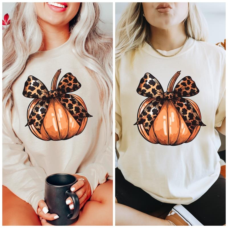 Leopard Pumpkin Bow Tee or Sweatshirt Hoodie | GrindPrints.com